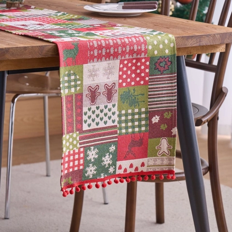 Amerikanischer Weihnachts Tischläufer Rentier Schneeflocken Lebkuchenmann Jacquard Deko Mit Roten Pompons