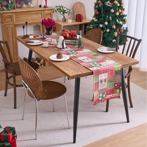 Amerikanischer Weihnachts Tischläufer Rentier Schneeflocken Lebkuchenmann Jacquard Deko Mit Roten Pompons