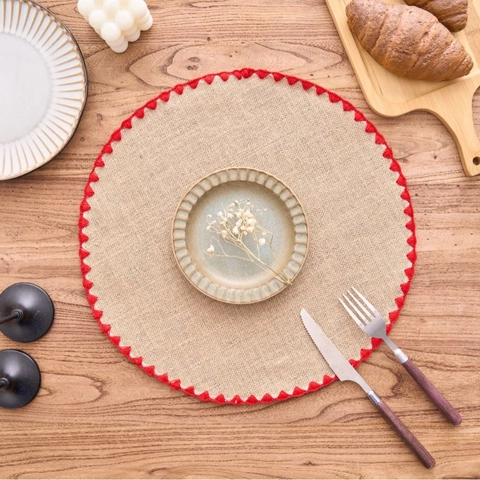 French Pastoral Style Round Woven Placemats Cotton Blend Heat Resistant Dining Table Mats With Scalloped Embroidery Border Decor