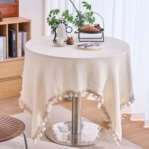 Nappe Tissage Gaufre Tissu Mélangé Épais Avec Glands Style Américain Blanc Crème Couleur Unie Housse de Table à Manger Lavable