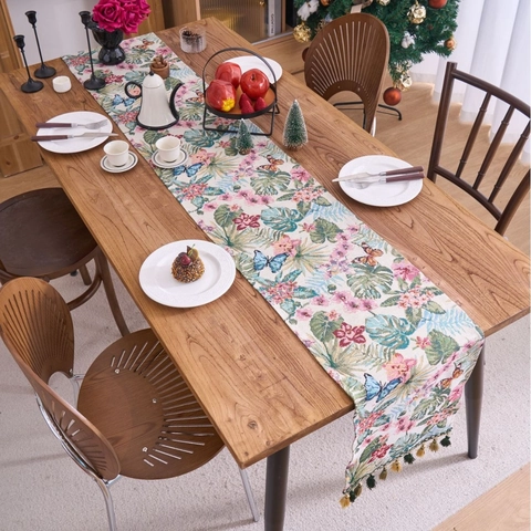 Jacquard Table Runner With Tassels Nordic Floral Butterfly Geometric Pattern Polyester Cotton Blend Table Cloth For Christmas Wedding Holiday Party