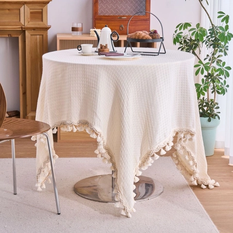 Nappe Tissage Gaufre Tissu Mélangé Épais Avec Glands Style Américain Blanc Crème Couleur Unie Housse de Table à Manger Lavable