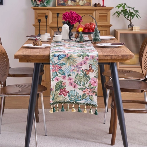 Jacquard Table Runner With Tassels Nordic Floral Butterfly Geometric Pattern Polyester Cotton Blend Table Cloth For Christmas Wedding Holiday Party