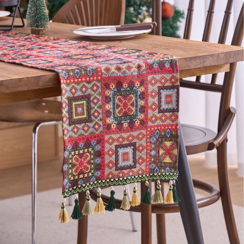 Camino de Mesa Jacquard Bohemio Con Borlas Patrón Geométrico Poliéster Algodón Mantel Largo Para Decoración Mesa De Navidad