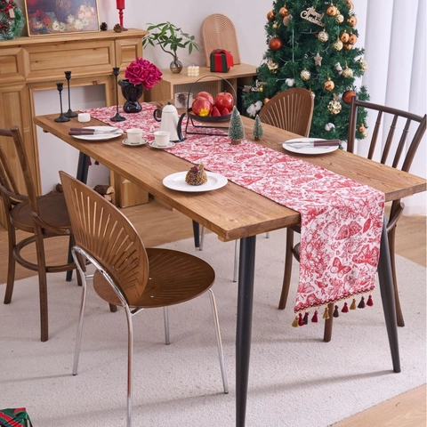 Jacquard Red Christmas Table Runner With Tassels Butterfly Pattern Polyester Decorative Holiday Party Dining Decor