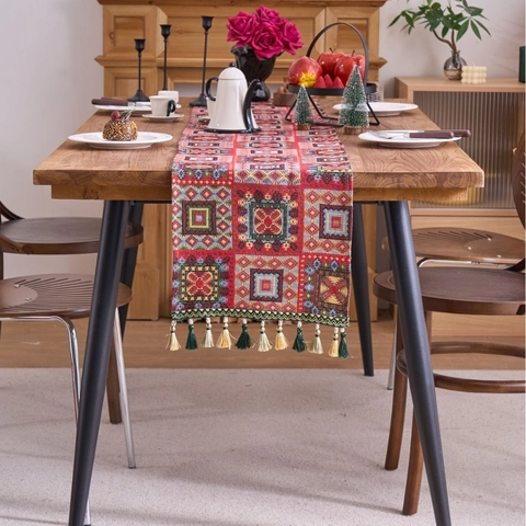 Bohemian Jacquard Table Runner With Tassels Geometric Pattern Polyester Cotton Table Flag For Christmas Dining Table Decor