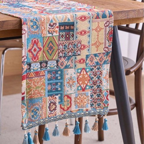 Camino de Mesa Festivo Jacquard Nórdico con Borlas Patrón Geométrico Boho Mezcla de Poliéster y Algodón Decoración Navideña Rectangular