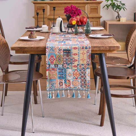 Camino de Mesa Festivo Jacquard Nórdico con Borlas Patrón Geométrico Boho Mezcla de Poliéster y Algodón Decoración Navideña Rectangular