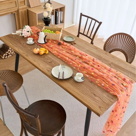 Pastoraler Bestickt Spitze Tischläufer Bunte Blume Netz Gaze Tischdecke Für Esszimmer Heim Dekoration Retro Party Dekor