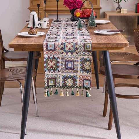Bohemian Jacquard Geometrischer Tischläufer Mit Quasten Polyester Weihnachten Dekoläufer Für Esszimmer Zuhause Party