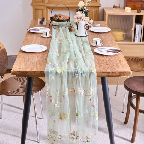 Chemin de Table en Maille Brodée Florale Rétro Français Élégant Revêtement en Dentelle de Polyester Pour Mariage Maison