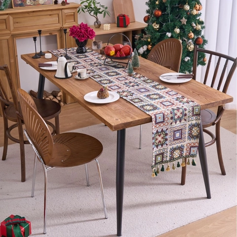 Bohemian Jacquard Geometrischer Tischläufer Mit Quasten Polyester Weihnachten Dekoläufer Für Esszimmer Zuhause Party