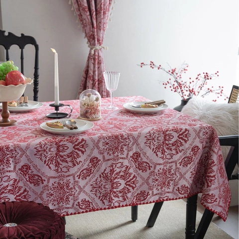 Nappe Jacquard Rétro Française Motif Damas Mélange Polyester et Coton Couvre-Table Bordure Festonnée pour Salle à Manger Banquet