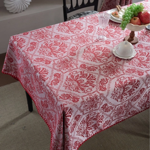 Nappe Jacquard Rétro Française Motif Damas Mélange Polyester et Coton Couvre-Table Bordure Festonnée pour Salle à Manger Banquet