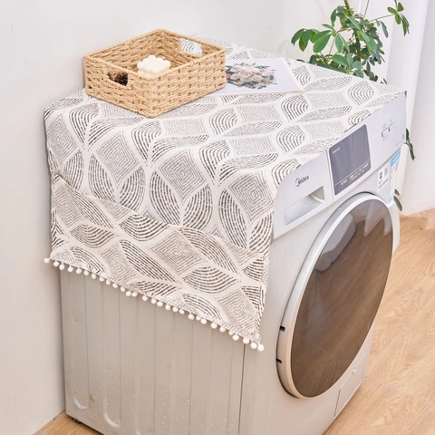 Housse De Machine À Laver Minimaliste En Mélange De Coton Avec Poches Latérales Imprimé Floral Géométrique Protection Contre La Poussière