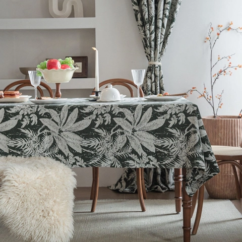 Mantel Jacquard Rectangular de Tela Mezclada de Estilo Europeo Vintage con Hojas Tropicales para la Decoración del Comedor del Hogar