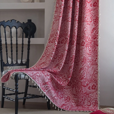 French Retro Paisley Jacquard Curtain With Tassels Polyester Cotton Semi-shading Window Treatment For Living Room Bedroom Bohemian Decor
