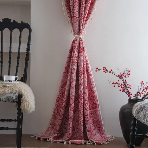 French Retro Paisley Jacquard Curtain With Tassels Polyester Cotton Semi-shading Window Treatment For Living Room Bedroom Bohemian Decor