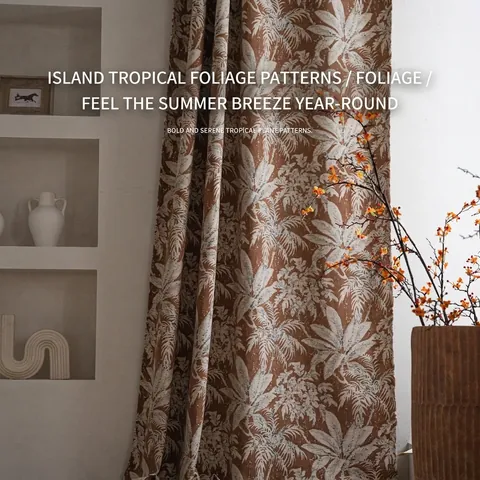 American Retro Jacquard Curtains Tropical Palm Leaf Pattern Polyester Semi Shading Window Treatment For Living Room Bedroom