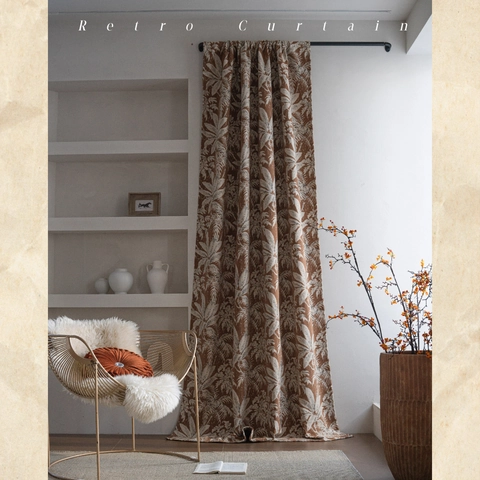American Retro Jacquard Curtains Tropical Palm Leaf Pattern Polyester Semi Shading Window Treatment For Living Room Bedroom
