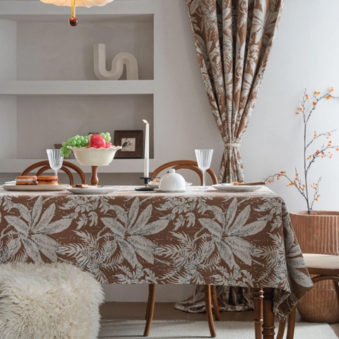 French Vintage Jacquard Tablecloth Rectangular Blended Fabric Botanical Leaves Pattern Table Cover For Dining Room Home Decor