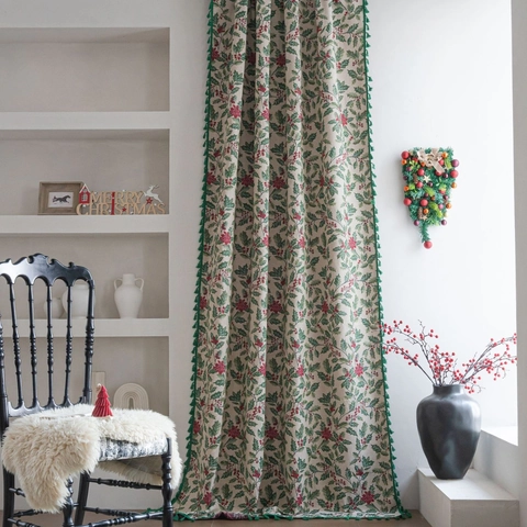 American Christmas Holly Berry Jacquard Curtain With Tassels Cotton Polyester Semi Shading Kitchen Cafe Door Curtain Decor