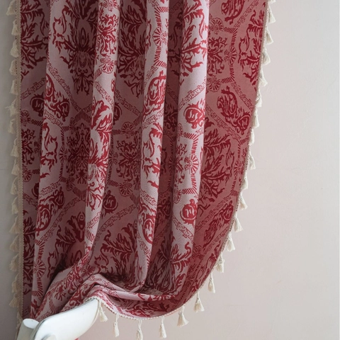 French Retro Damask Jacquard Tassel Curtains Semi-Blackout Polyester Cotton Window Drapes For Living Room Bedroom Decor