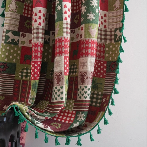 Christmas Gingerbread Man Jacquard Curtain Polyester Cotton Reindeer Plaid Semi-shading Festive Curtain With Tassels For Kitchen Home Decor