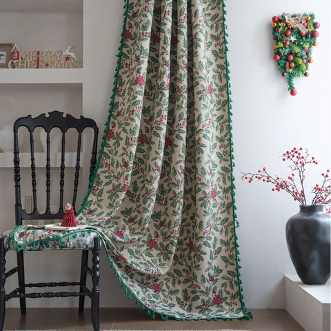 American Christmas Holly Berry Jacquard Curtain With Tassels Cotton Polyester Semi Shading Kitchen Cafe Door Curtain Decor