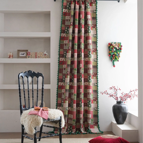 Christmas Gingerbread Man Jacquard Curtain Polyester Cotton Reindeer Plaid Semi-shading Festive Curtain With Tassels For Kitchen Home Decor