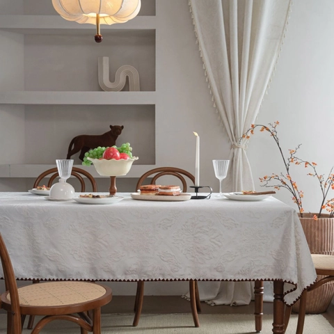 Tovaglia Jacquard Impermeabile in Stile Vintage Francese Rettangolare Motivo Damascato Con Bordo Festonato per Tavolo da Pranzo