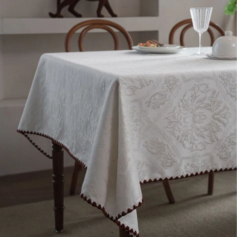Tovaglia Jacquard Impermeabile in Stile Vintage Francese Rettangolare Motivo Damascato Con Bordo Festonato per Tavolo da Pranzo