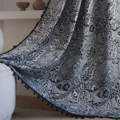 French Vintage Jacquard Paisley Window Curtain With Tassels Polyester Cotton Semi-Shading Drapery For Home Decor Balcony Living Room
