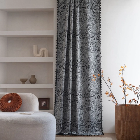 French Vintage Jacquard Paisley Window Curtain With Tassels Polyester Cotton Semi-Shading Drapery For Home Decor Balcony Living Room