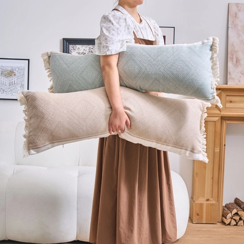 Fodera Per Cuscino Lombare Lungo Jacquard Bohemienne Con Nappine In Poliestere Motivo Geometrico Decorativo Per Divano Letto