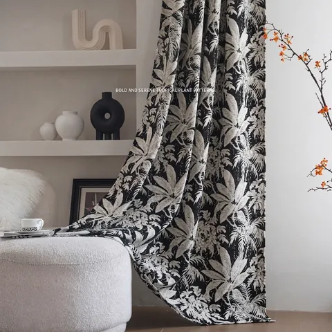 Cortina de Poliéster Jacquard Retro Americano Hoja de Planta Tropical Semi Sombreado Cortina Gruesa para Sala de Estar Dormitorio Cocina
