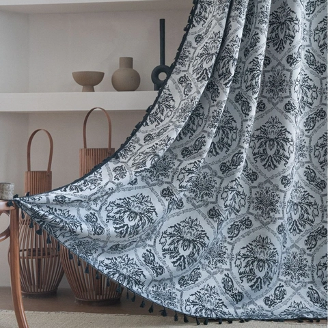 French Vintage Jacquard Damask Curtains With Tassels Semi Shading Polyester Cotton Rod Pocket Window Drapes For Home Decor