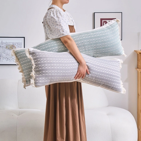 Fodera per Cuscino Lombare Lungo Jacquard Bohemien Con Nappine Motivo Floreale Geometrico in Poliestere per Divano Letto Soggiorno