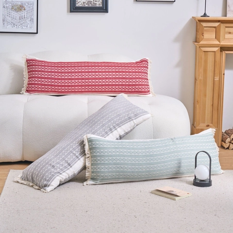 Fodera per Cuscino Lombare Lungo Jacquard Bohemien Con Nappine Motivo Floreale Geometrico in Poliestere per Divano Letto Soggiorno