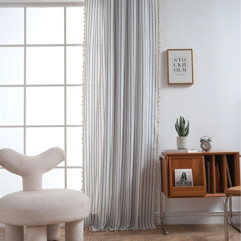 French Style Cotton Linen Striped Curtains With Tassels Yarn Dyed Semi Blackout Window Drapes For Bedroom Living Room Home Decor