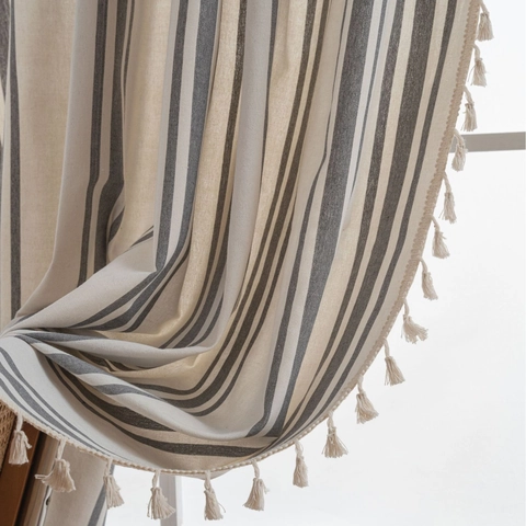 Cortina a Rayas Estilo Nórdico Francés de Algodón y Lino Teñido en Hilo Gris Blanco Semiopaca para Ventana con Flecos