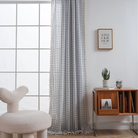 French Gingham Plaid Cotton Linen Curtain With Tassels Black White Grid Semi Blackout Window Drape For Kitchen Bedroom Cafe