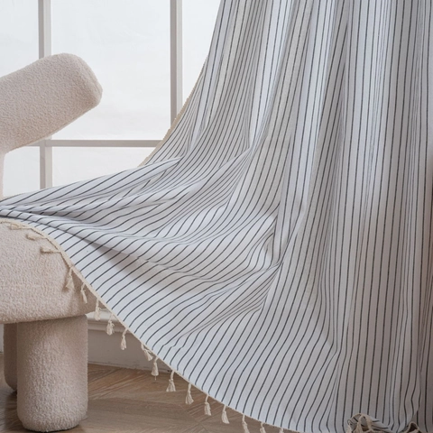 French Minimalist Cotton Linen Striped Curtain With Tassels Semi-Blackout Vertical Fine Stripe Window Drapes For Living Room