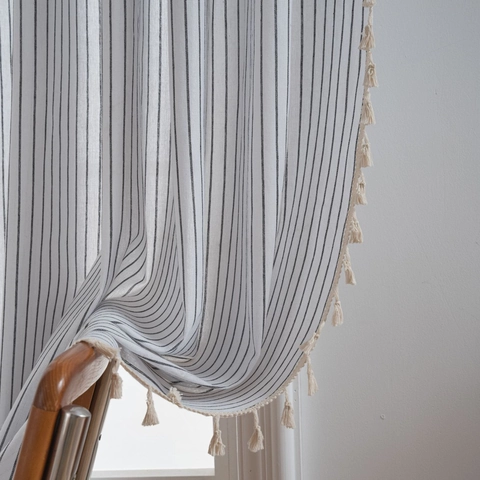 French Minimalist Cotton Linen Striped Curtain With Tassels Semi-Blackout Vertical Fine Stripe Window Drapes For Living Room