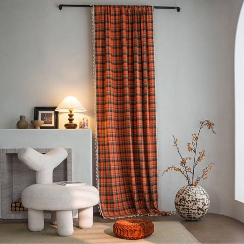 French Retro Plaid Window Curtain With Tassels Cotton Linen Semi Blackout Yarn Dyed Drapes For Kitchen Dining Room Home Decor