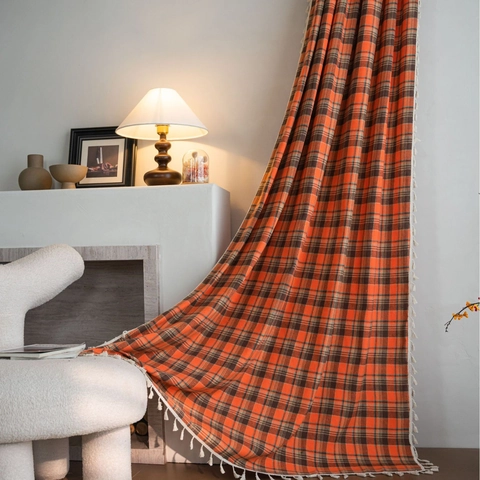 French Retro Plaid Window Curtain With Tassels Cotton Linen Semi Blackout Yarn Dyed Drapes For Kitchen Dining Room Home Decor