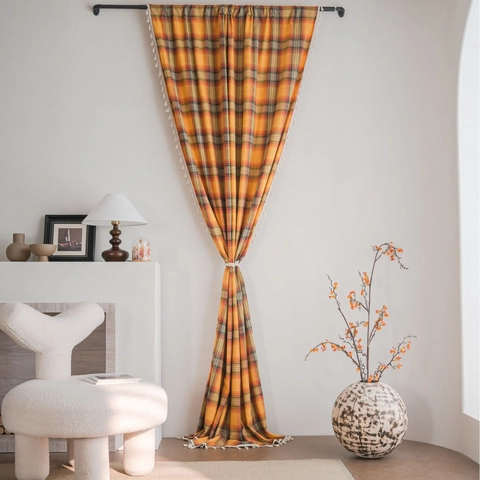 Franse Retro Oranje Ruitjes Katoen Linnen Gordijn Met Witte Kwastjes Roede Pocket Ring Haak Semi Verduisterend