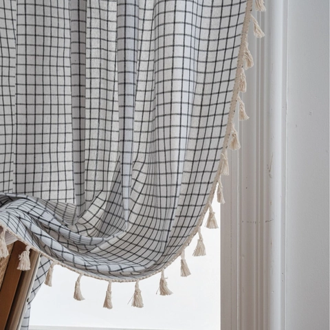 French Style Black White Grid Tassel Curtains Cotton Linen Semi Shading Window Drapes For Dining Room Living Room Home Decor
