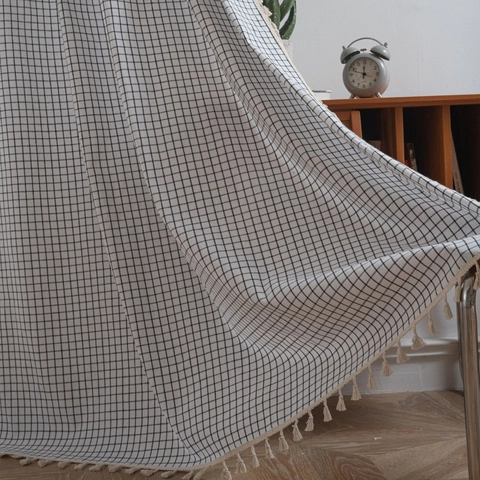 French Style Black White Grid Tassel Curtains Cotton Linen Semi Shading Window Drapes For Dining Room Living Room Home Decor