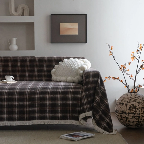 Copridivano Vintage a Quadri con Frange in Morbido Poliestere e Cotone per Soggiorno Copertura Decorativa per Mobili